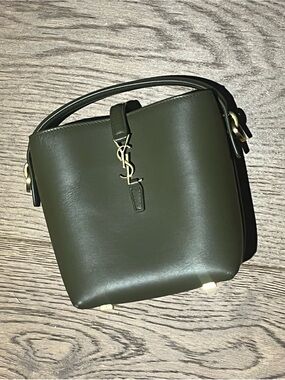 Saint Laurent Dark Olive Leather Bucket Shoulder Bag with Gold YSL